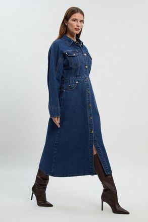 Karen Millen Womens Denim Button Front Sleeved Shirt Dress - Blue Cotton - Size 16 UK