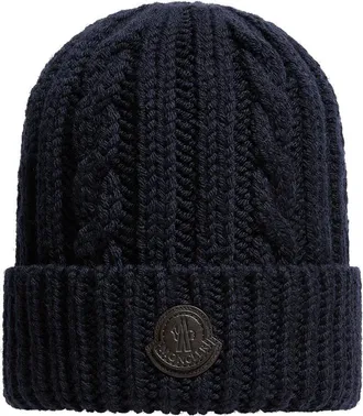 Moncler Moncler Leather Logo Wool Beanie, Men, Blue, Size: One Size