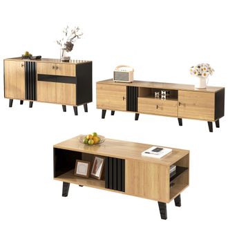 STILVORA Conjunto De Muebles De Sal&oacute;n Con 1 Mesa De Centro, 1 Mueble Tv Y 1 Aparador Con Led, Para Sal&oacute;n Moderno, Vidrio Y Tablero De Part&iacute;culas, Negro Y Mader