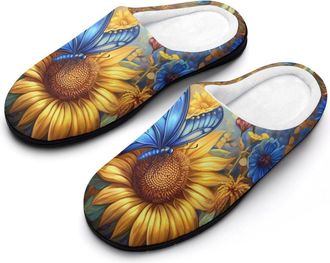 Generic Sunflower Blue Butterfly Womens Slippers Warm House Slippers Indoor House Shoes with Anti-Skid Rubber Sole