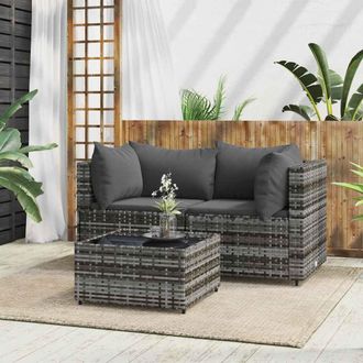 vidaXL Set De Muebles De Jard&iacute;n 3 Pzas Y Cojines Rat&aacute;n Sint&eacute;tico Gris Vidaxl