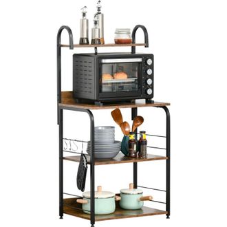 HOMCOM Estanter&iacute;a De Cocina De 4 Niveles Estante De Cocina Con Ganchos Estanter&iacute;a Para Microondas 60x40x125 Cm Marr&oacute;n R&uacute;stico Y Negro