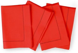 Solino Home Cotton Linen Hemstitch Dinner Napkins Set of 4, 20 x 20 Inch for Dining Table, Holiday and Everyday Table Decor in Poppy Red at