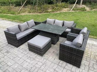 Fimous 9 Seater Outdoor Rattan Garden Furniture Set Adjustable Rising Lifting Dining Table With Chairs Footstool in Dark Grey