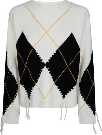 Pinko Cropped Knitted Sweater with Argyle Pattern and Decorative Ties