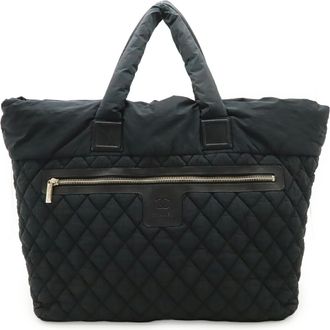 Chanel Black Nylon Leather Shoulder Bag Tote Bag (Pre-Owned)
