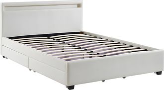 Vente-Unique Cama 140x190cm con compartimentos - Piel sint&eacute;tica blanca con LEDs - ALOIS