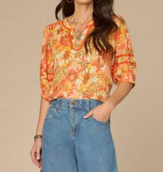 Democracy Blouson Sleeve Mandarin Collar Half Placket Printed Knit Top In Deep Coral Floral Multi