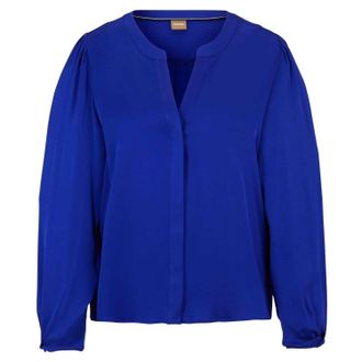 HUGO BOSS Damesblouse met V-hals, relaxte pasvorm en pofmouwen (Blauw)