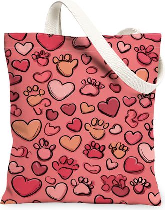 Generic ValentineS Day Cute Hearts Canvas Tote Bags, Adorable Paw Print Pattern Reusable Grocery Bags, Lightweight Washable Should, Peach, 13x15 Inch