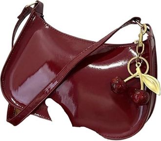 Generic Womens PU Leather Handbag Versatile Fashion Solid Color Cherry Pendant Shoulder Bag Casual Commuting Girl Underarm(Red)