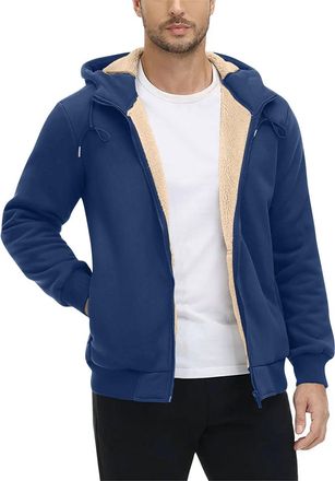 Generic Mens Hoodies Sherpa Fleece Lined Full Zip Long Sleeve Thermal Jackets Solid Casual Winter Warm Comfort Hooded Outerwear mens xl hoodie Navy XXL