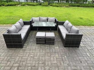 Fimous 11 Seater Rattan Outdoor Furniture Sofa Garden Dining Set with Patio Dining Table 2 Small Footstools in Dark Grey