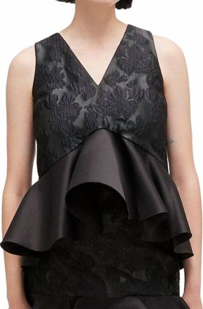 Ganni Satin Cloque Sleeveless Peplum Blouse In Black