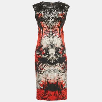 Roberto Cavalli Red/black Print Crepe Beaded Sleeveless Dress