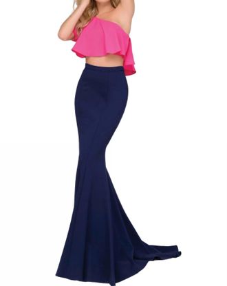 Jovani One Shoulder Two Piece Prom Dress In Fuchsia Navy