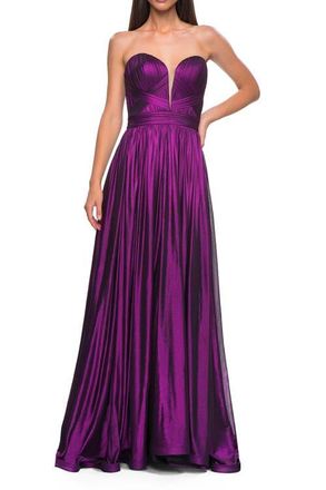 La Femme Flowy Metallic Net Jersey Prom Dress with Intricate Ruched Bodice in Purple at Nordstrom, Size 14