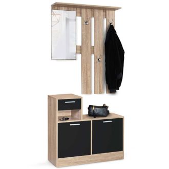 IDMarket Mobile Da Ingresso, Appendiabiti Con Specchio, Design In Legno Faggio E Ante Nero Paulin