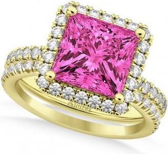 Allurez Pink Tourmaline & Diamonds Princess-Cut Halo Bridal Set 14K Yellow Gold (3.74ct)