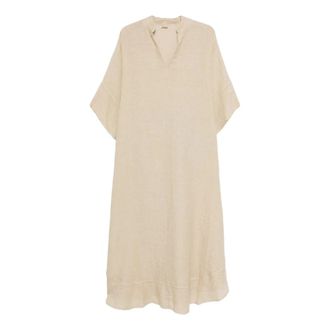 120% Lino V-hals Kaftan Jurk - Dames - Casual kleedjes - Beige - M - Linnen - Kleedjes