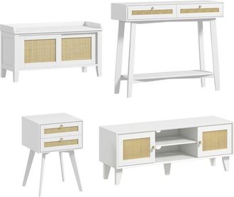 HOMCOM Homcom - Conjunto para el hogar incluye 1 mueble de tv 1 mesa consola 1 banco zapatero y 1 mesita auxiliar con elemento de rat&aacute;n estilo bohemio blanco