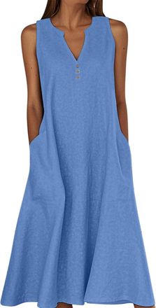 Generic Summer Dresses for Women Cotton Linen V Neck Button Sleeveless Dress Casual Solid Maxi Loose Fit Beach Sundress with Pockets Holiday Dresses for Women