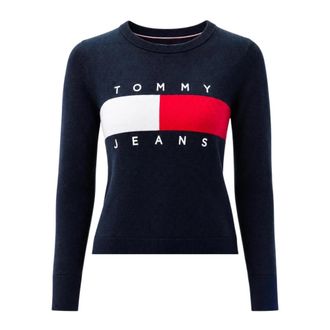 Tommy Jeans Intarsia Flag Logo Trui - Dames - Ronde hals truien - Blauw - M - Katoen - Truien & Vesten