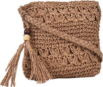 PartyKindom Stylish Hand-woven Tassel Shoulder Bag for Women Lightweight Knitted Crossbody Beach Tote with Spacious Capacity for Daily Essentials and Summer Outin