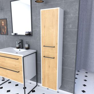 Aurlane Aurlane - Columna De Ba&ntilde;o Blanca -2 Puertas Roble Natural Y Tiradores Negro Mate - Structura
