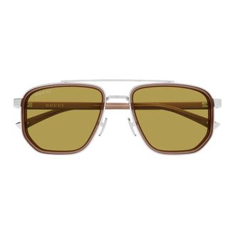 Gucci Double-Bridge Aviator Zonnebril - Heren - Zonnebrillen - Grijs - 55 MM - Nylon - Accessoires