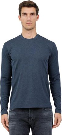 Mazzarelli Tops, Heren, Blauw, M, Katoen, T-Shirt met lange mouwen van luxe stretchkatoen
