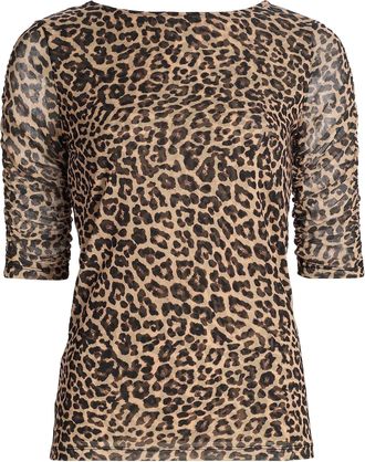Johnny Was Womens Ruched Sleeve Mesh Top, Chestnut Leopard