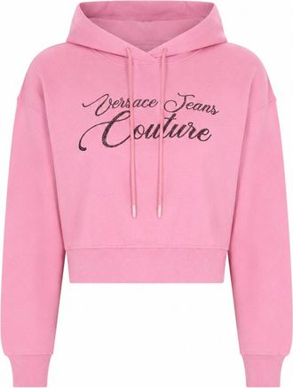 Versace Jeans Couture Cropped Cursive Logo Hooded Cotton Sweatshirt