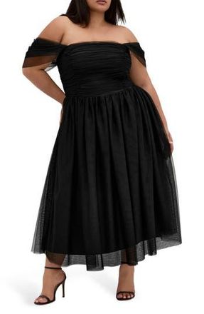 City Chic Lulu Off the Shoulder Tulle Midi Dress in Black at Nordstrom Rack, Size L/20W