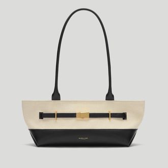 DeMellier The New York Shoulder in Salt & Pepper Canvas Black Smooth Leather Shoulder bag