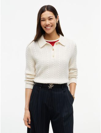 Tommy Hilfiger Womens Cable Knit Wool-Blend Sweater Polo - Ivory Petal - XXS