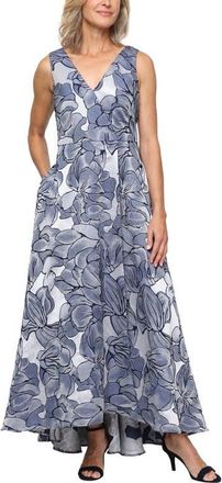 S.L. Fashions Floral Sleeveless Jacquard Gown in Navy Ivory at Nordstrom, Size 14P
