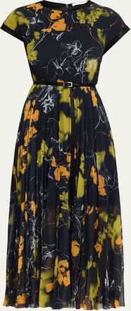 Jason Wu Shadow Floral Pleated Crepe De Chine Midi Dress