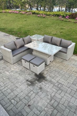 Fimous Rattan Garden Funiture Set Height Adjustable Rising Lifting Table Sofa Dining Set With Side Table Stool in Light Grey