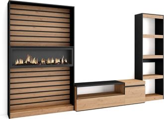 Skraut Home Muebles de sal&oacute;n efecto madera roble y negro 320x35x186cm efecto fuego