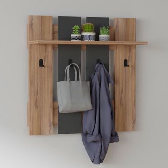 Dmora Perchero Ortueri, 4 Ganchos, Instalaci&oacute;n En Pared, Estructura Negra, Altura 70 Cm, Marr&oacute;n Nogal