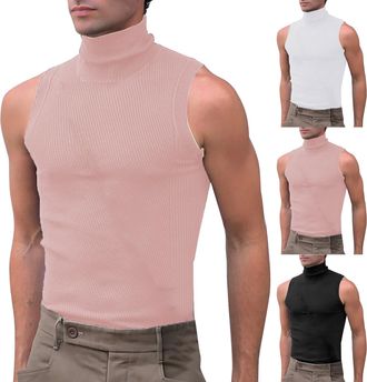 Generic Mens Tank Tops Mock Turtleneck Pullover Sweater Sleeveless Ribbed Knit Vest Tshirt Casual Solid Color Shirts Tees Camiseta De Hombre(Pink, XXXL)