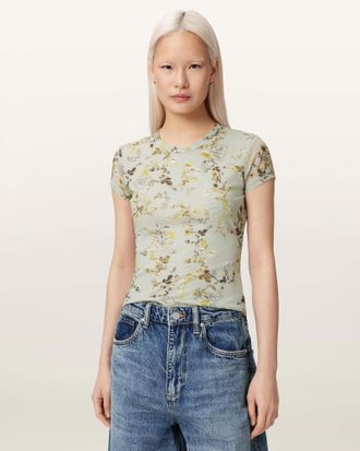 AllSaints Polyester Ellie Mesh Floral Print Slim T-Shirt, Size: UK 14/US 10