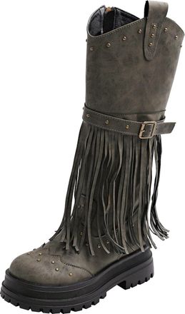 Generic Fringe Cowboy Boots for Women Wide Calf, Fringe Cowboy Boots for Women Chunky Platform Mid Calf Cowgirl Boot Tassel Buckle Fashion Motorcycle Western 