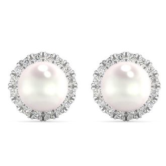 Pompeii3 6mm Pearl & Diamond Halo Studs Womens 14k Gold Earrings Lab Grown