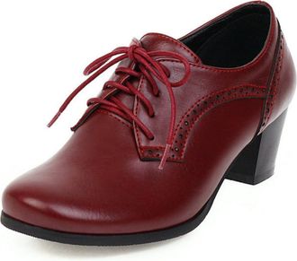 Generic Women Lace-Up Block Heel Brogues - Round Toe Formal Shoes for Office Commute,Red,5.5 UK