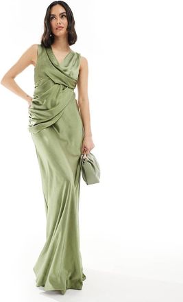 Six Stories Vestito lungo da damigella in raso verde muschio con strato sovrapposto raccolto