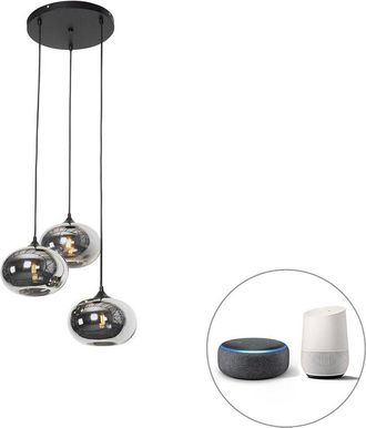 QAZQA Art D&eacute;co L&aacute;mpara Colgante Inteligente Negra Con Cristal Ahumado Incl. 3 Wifi P45 - Busa Vidrio /acero Redonda Adecuado Para Led Max. 3 X 4.5 Watt - Qa