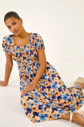 Roman Floral Print Shirred Stretch Maxi Dress