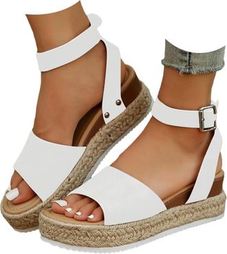 Generic Womens Platform Espadrilles Summer Open Toe Buckle Ankle Strap Beach Sandal Casual Comfortable Faux Leather Dressy Elegant Flats Sandals with Arch Sup